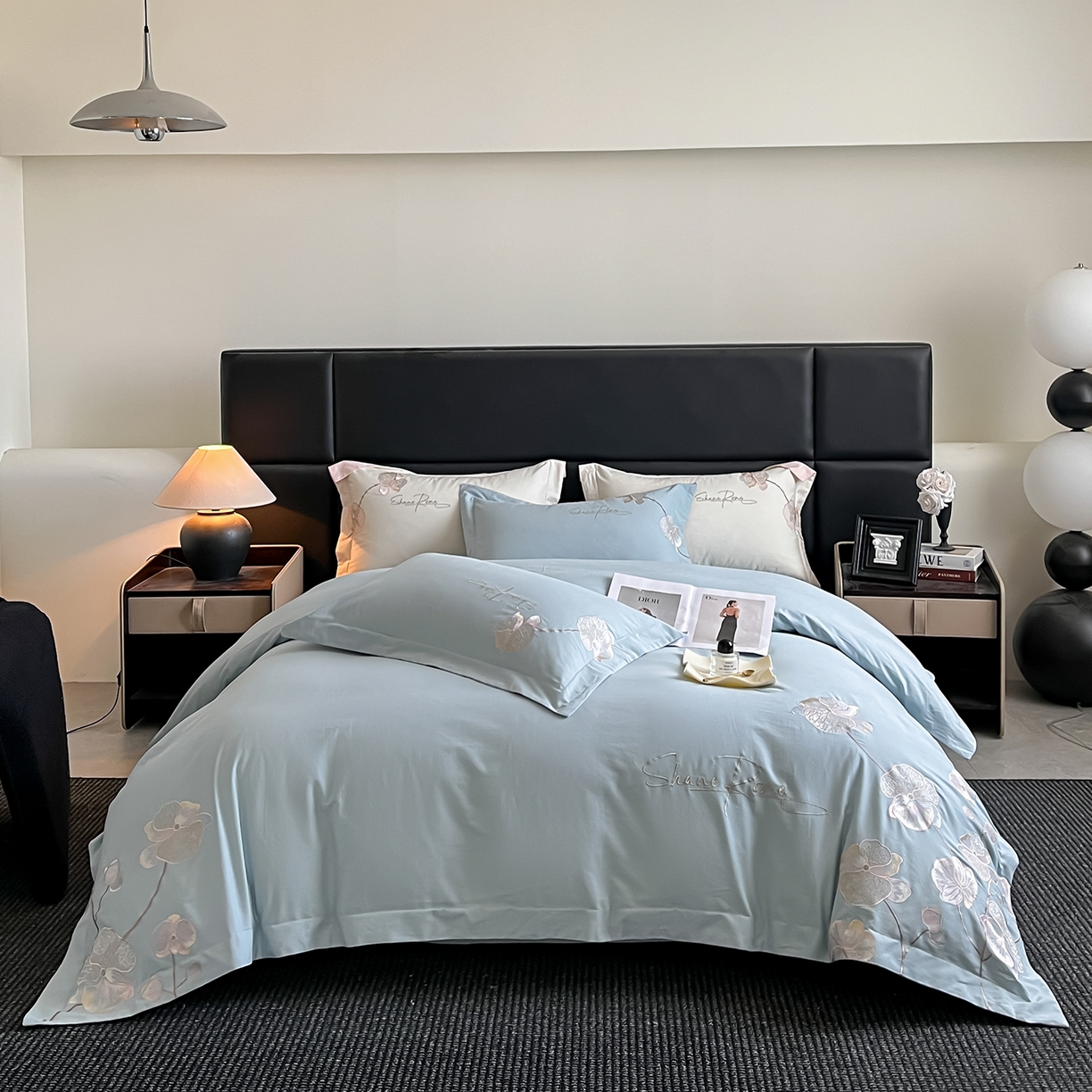 91家纺网 家纺一手货源 找家纺 置顶家纺 2025新款全棉加厚磨毛刺绣秋冬系列四件套-赫本 赫本-繁星蓝