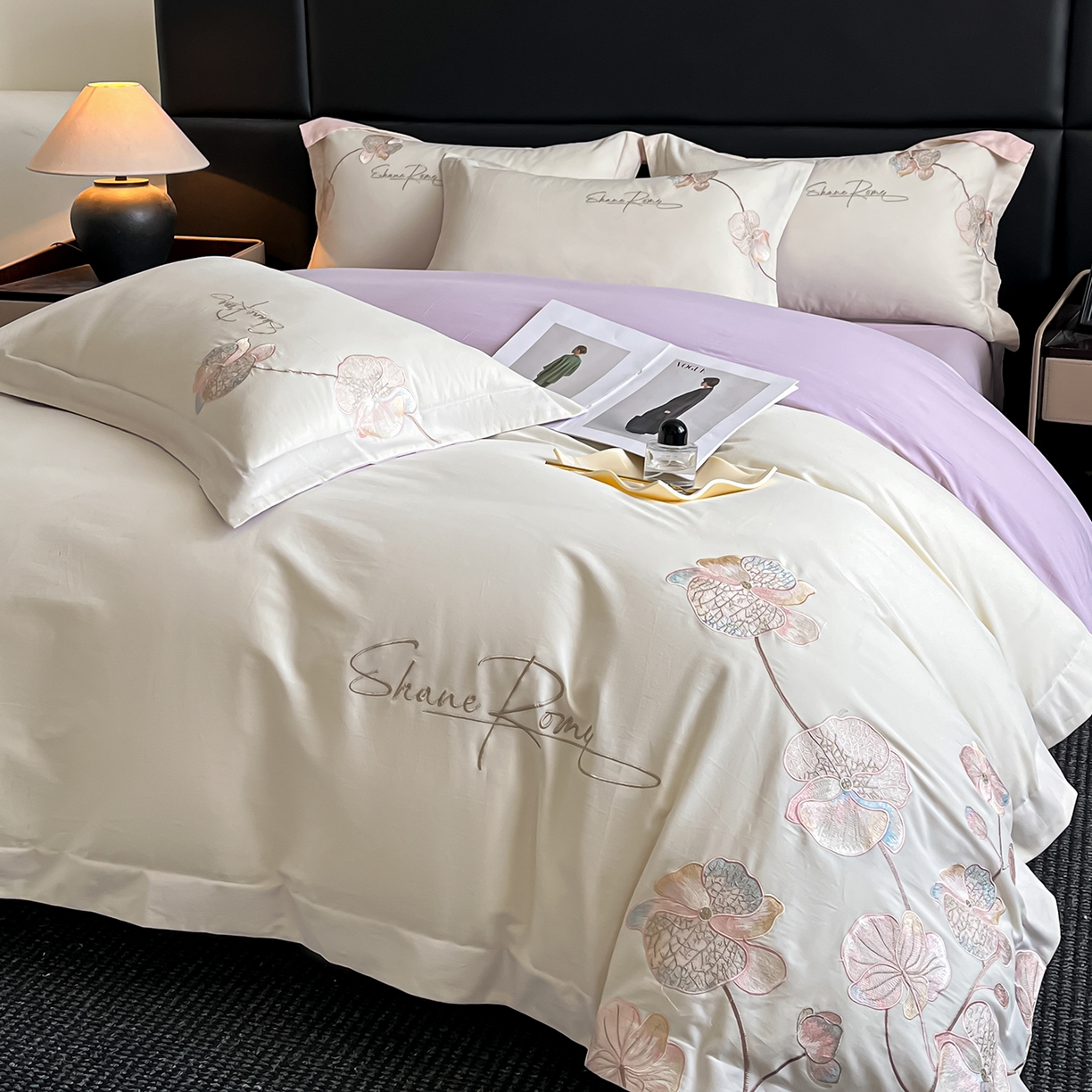 置顶家纺 2025新款全棉加厚磨毛刺绣秋冬系列四件套-赫本 赫本-奶白+香芋紫