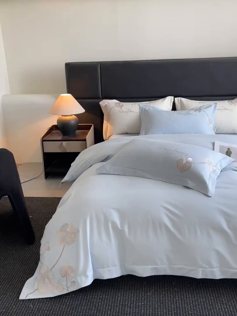 91家纺网 家纺一手货源 找家纺 置顶家纺 2025新款全棉加厚磨毛刺绣秋冬系列四件套-赫本 赫本-繁星蓝