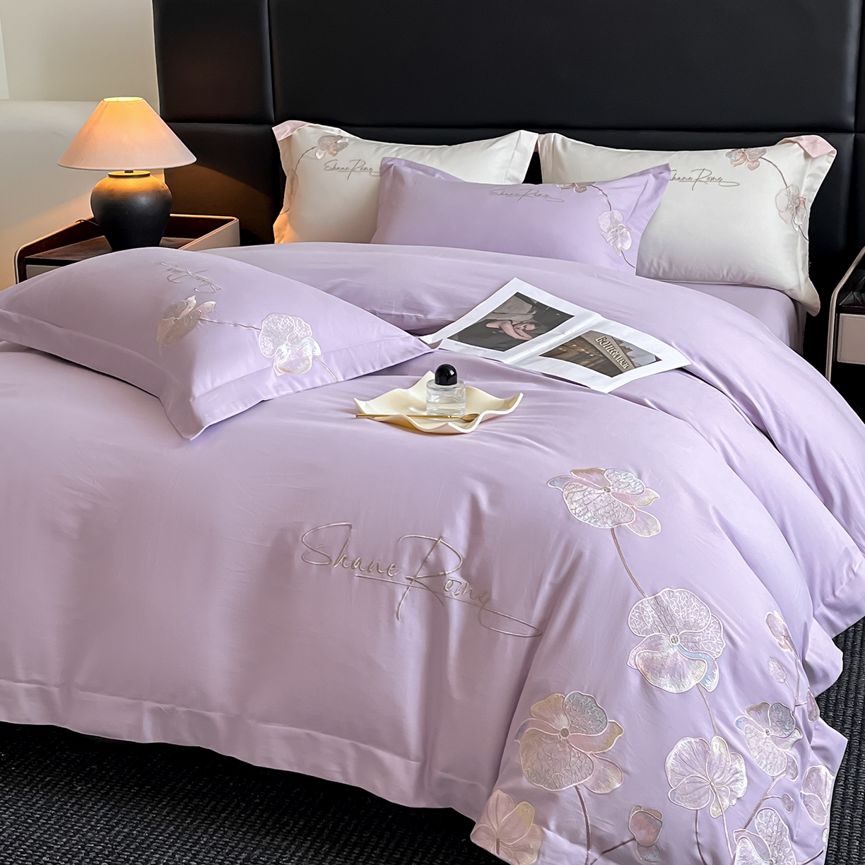 91家纺网 家纺一手货源 找家纺 置顶家纺 2025新款全棉加厚磨毛刺绣秋冬系列四件套-赫本 赫本-香芋紫