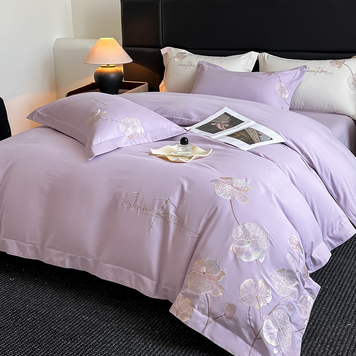 91家纺网 家纺一手货源 找家纺 置顶家纺 2025新款全棉加厚磨毛刺绣秋冬系列四件套-赫本 赫本-香芋紫