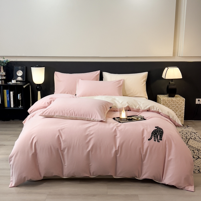 印季家纺 2025新款全棉50s磨毛绣花-黑豹四件套 夹心粉-奶玉