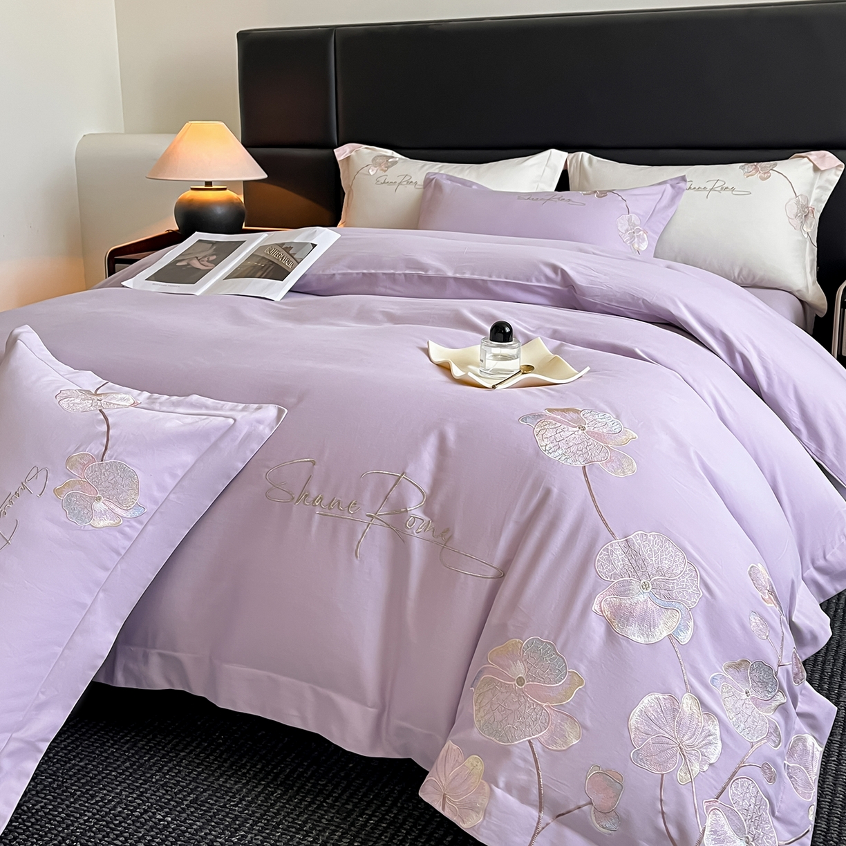 91家纺网 家纺一手货源 找家纺 置顶家纺 2025新款全棉加厚磨毛刺绣秋冬系列四件套-赫本 赫本-香芋紫