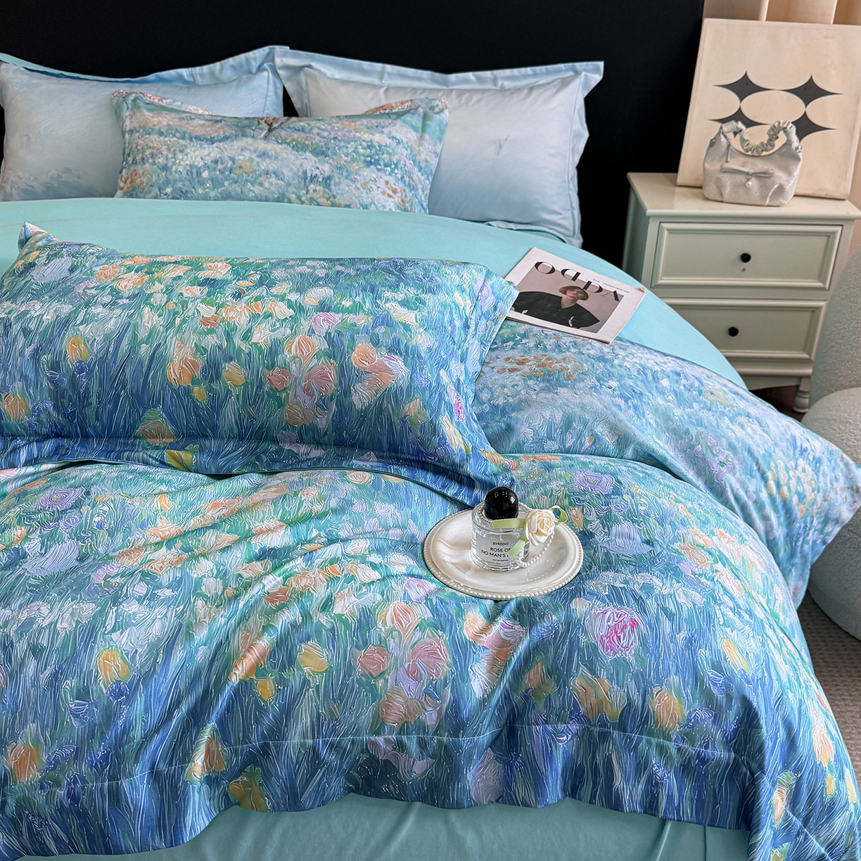 91家纺网 家纺一手货源 找家纺 置顶家纺 2025秋冬新款亲肤加厚140克磨毛四件套-普罗旺斯羽翎系列 普罗旺斯-冰蓝