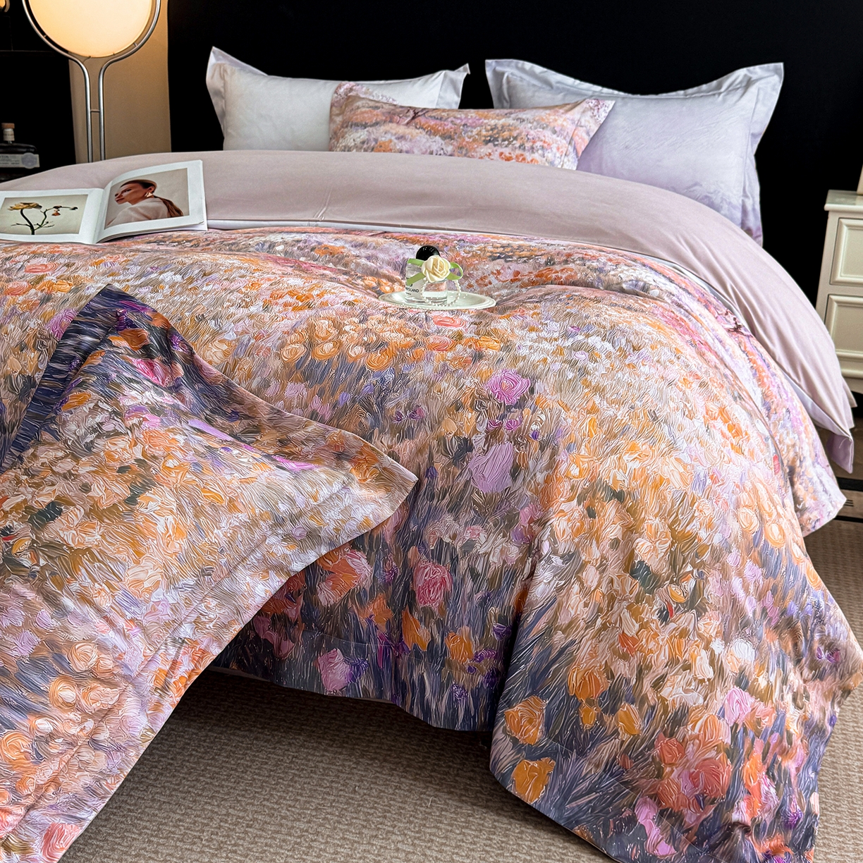 91家纺网 家纺一手货源 找家纺 置顶家纺 2025秋冬新款亲肤加厚140克磨毛四件套-普罗旺斯羽翎系列 普罗旺斯-豆紫