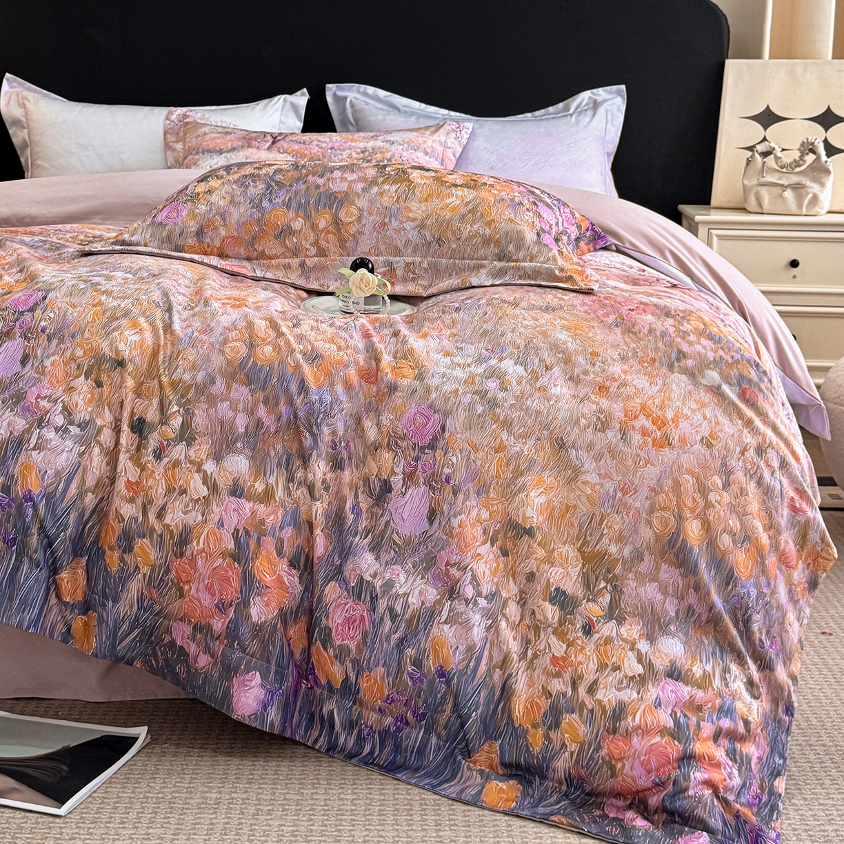 91家纺网 家纺一手货源 找家纺 置顶家纺 2025秋冬新款亲肤加厚140克磨毛四件套-普罗旺斯羽翎系列 普罗旺斯-豆紫