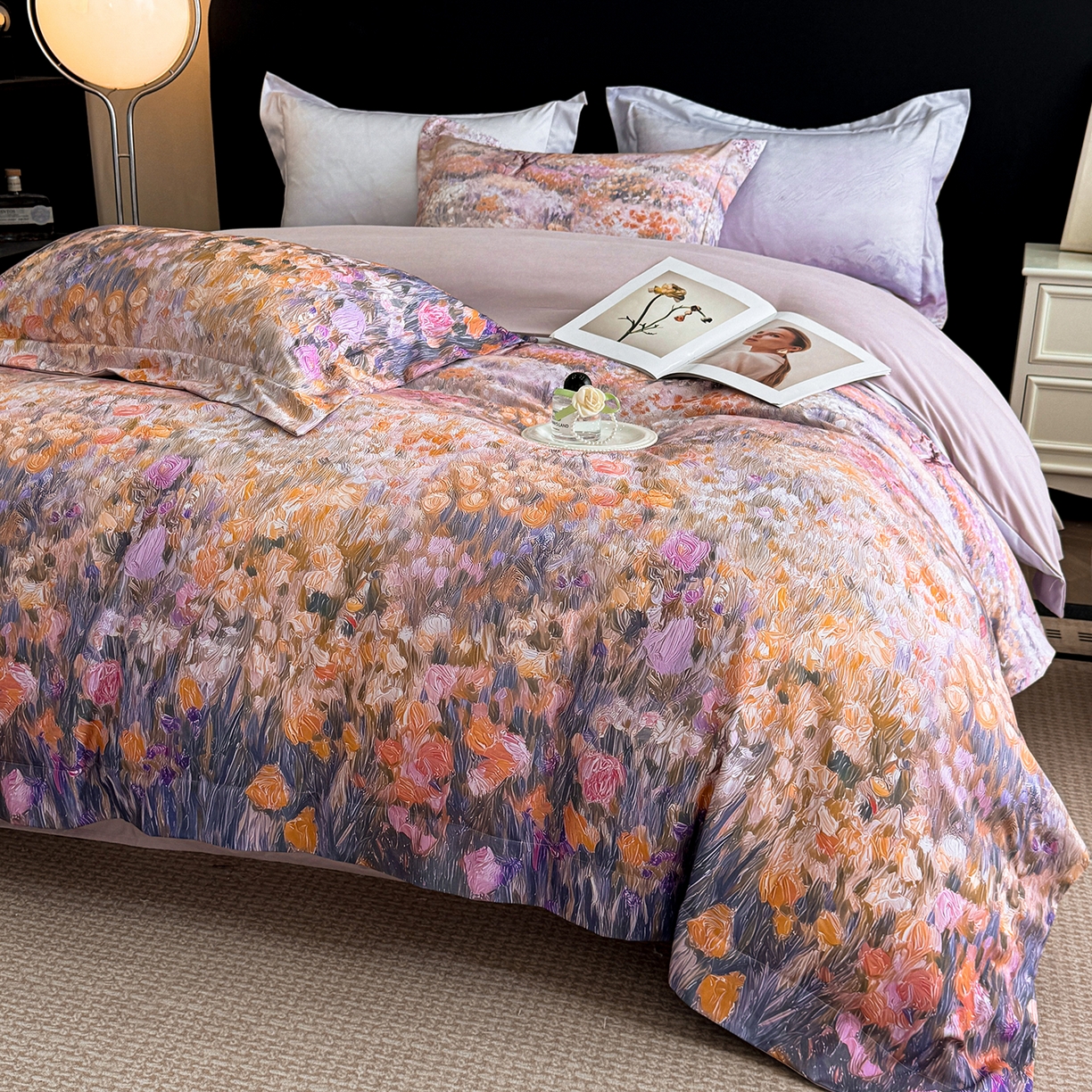 91家纺网 家纺一手货源 找家纺 置顶家纺 2025秋冬新款亲肤加厚140克磨毛四件套-普罗旺斯羽翎系列 普罗旺斯-豆紫