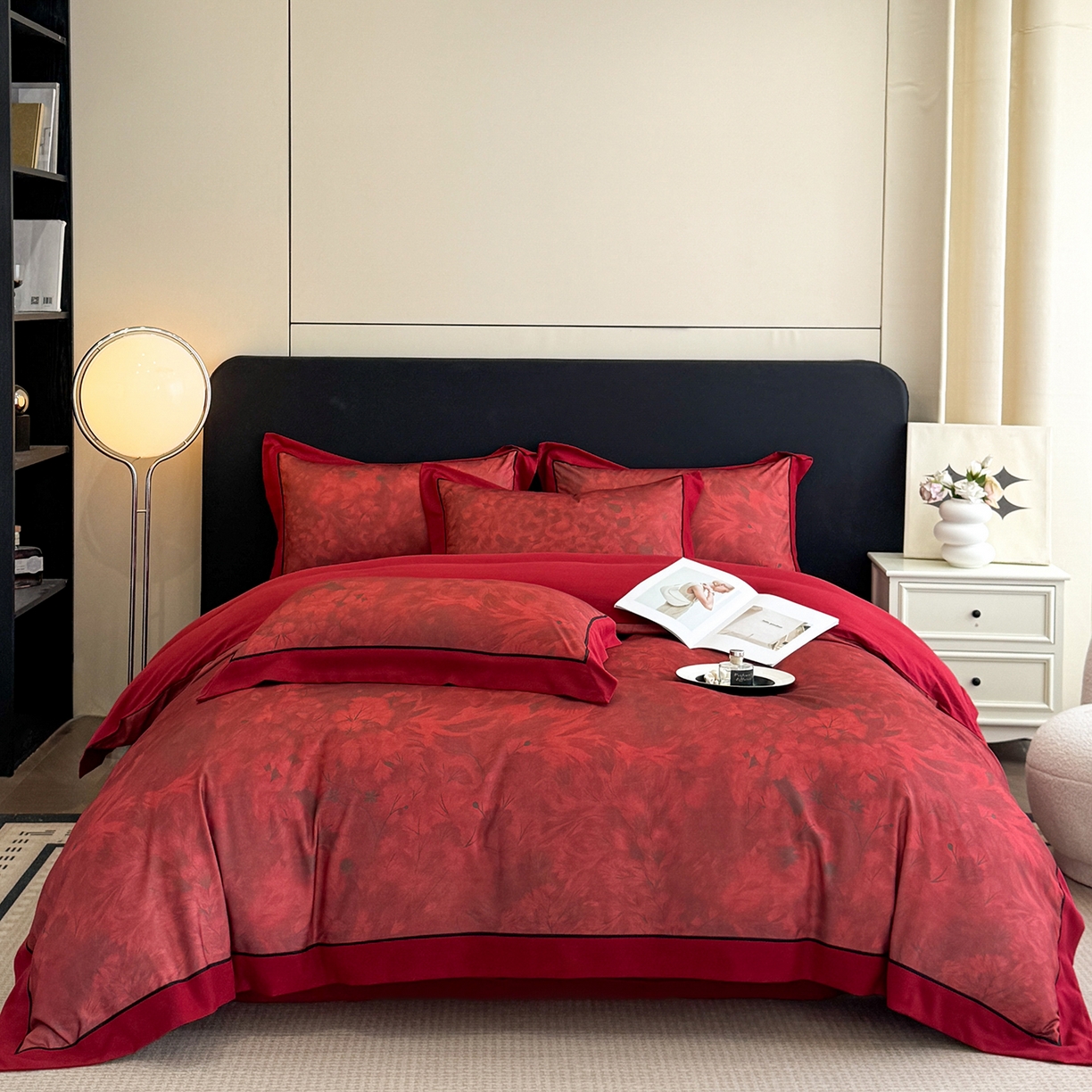 91家纺网 家纺一手货源 找家纺 置顶家纺 2025秋冬新款亲肤加厚140克磨毛四件套-普罗旺斯羽翎系列 羽翎-酒红