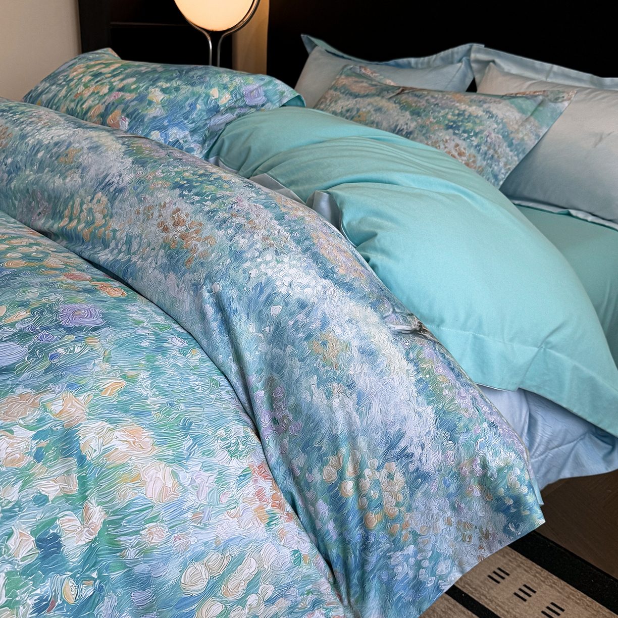 91家纺网 家纺一手货源 找家纺 置顶家纺 2025秋冬新款亲肤加厚140克磨毛四件套-普罗旺斯羽翎系列 普罗旺斯-冰蓝