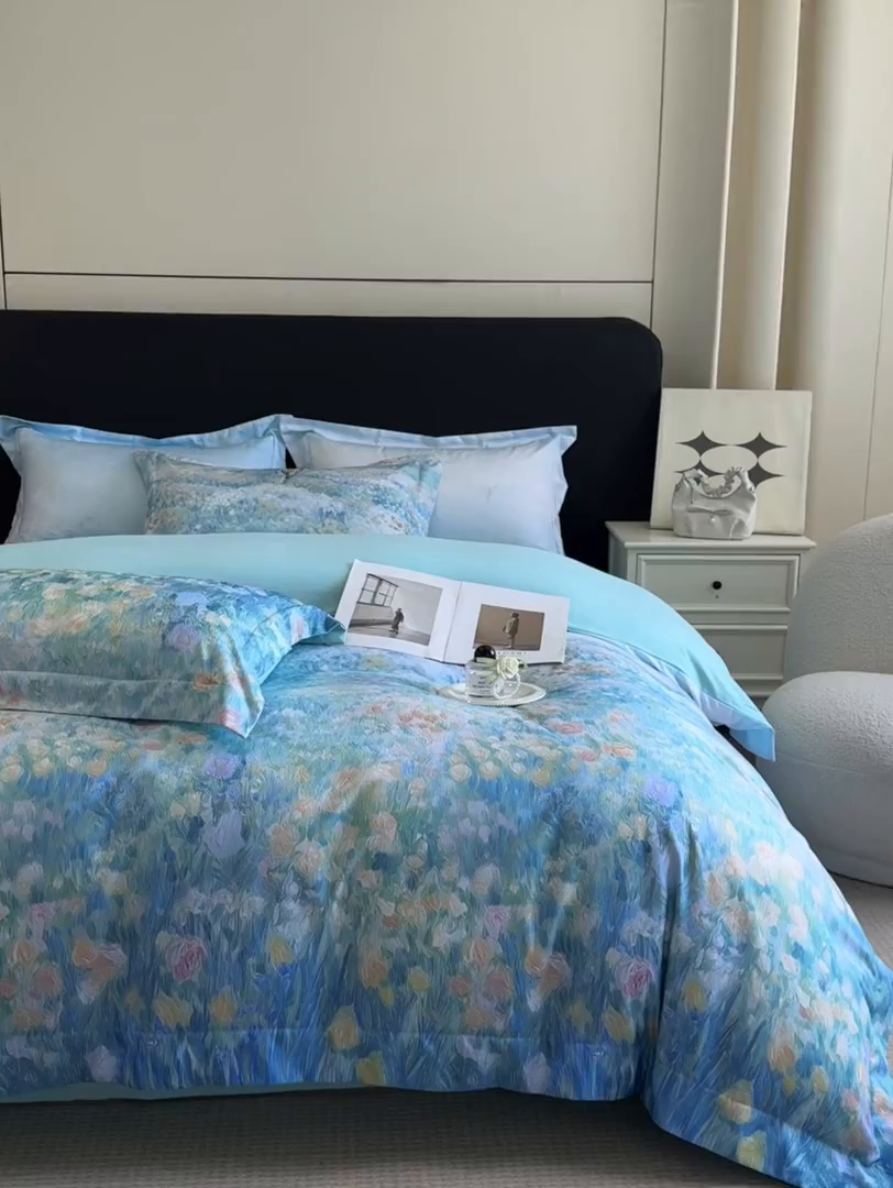 91家纺网 家纺一手货源 找家纺 置顶家纺 2025秋冬新款亲肤加厚140克磨毛四件套-普罗旺斯羽翎系列 普罗旺斯-冰蓝