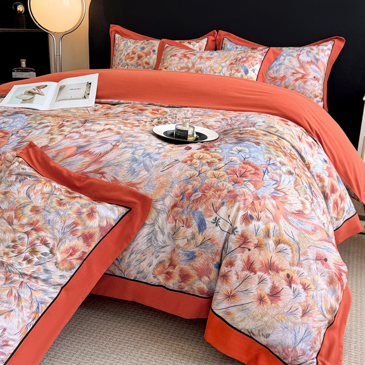 91家纺网 家纺一手货源 找家纺 置顶家纺 2025秋冬新款亲肤加厚140克磨毛四件套-普罗旺斯羽翎系列 羽翎-桔色