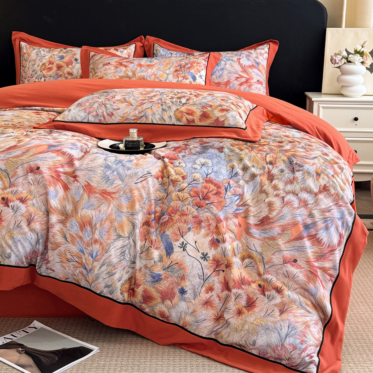 91家纺网 家纺一手货源 找家纺 置顶家纺 2025秋冬新款亲肤加厚140克磨毛四件套-普罗旺斯羽翎系列 羽翎-桔色