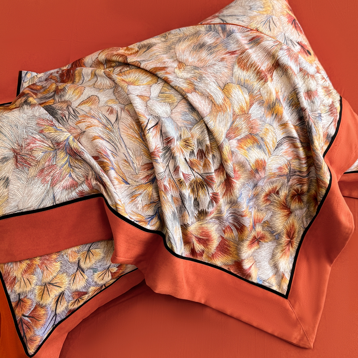 91家纺网 家纺一手货源 找家纺 置顶家纺 2025秋冬新款亲肤加厚140克磨毛四件套-普罗旺斯羽翎系列 羽翎-桔色