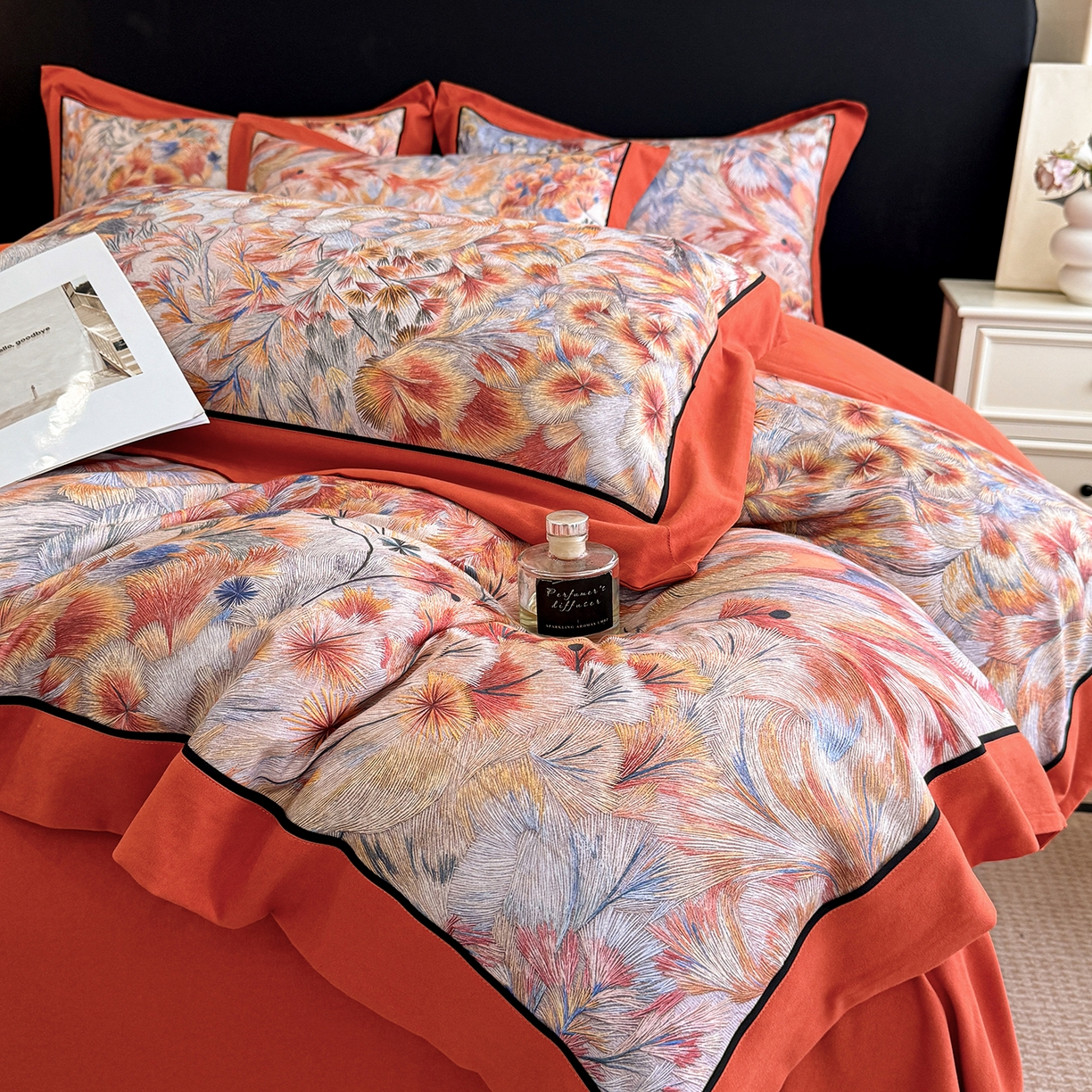 91家纺网 家纺一手货源 找家纺 置顶家纺 2025秋冬新款亲肤加厚140克磨毛四件套-普罗旺斯羽翎系列 羽翎-桔色