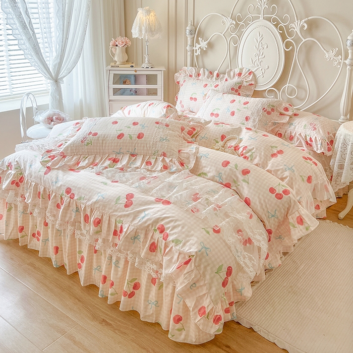91家纺网 家纺一手货源 找家纺 网红馆（ck家纺） 2025新款全棉纯棉印花13372床裙四件套 樱桃格
