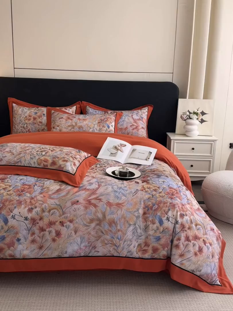 91家纺网 家纺一手货源 找家纺 置顶家纺 2025秋冬新款亲肤加厚140克磨毛四件套-普罗旺斯羽翎系列 羽翎-桔色