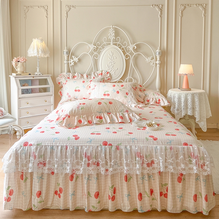 91家纺网 家纺一手货源 找家纺 网红馆（ck家纺） 2025新款全棉纯棉印花13372床裙单品单床裙床裙单件 樱桃格