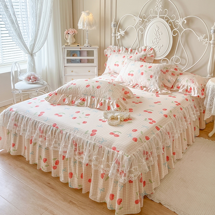 91家纺网 家纺一手货源 找家纺 网红馆（ck家纺） 2025新款全棉纯棉印花13372床裙单品单床裙床裙单件 樱桃格