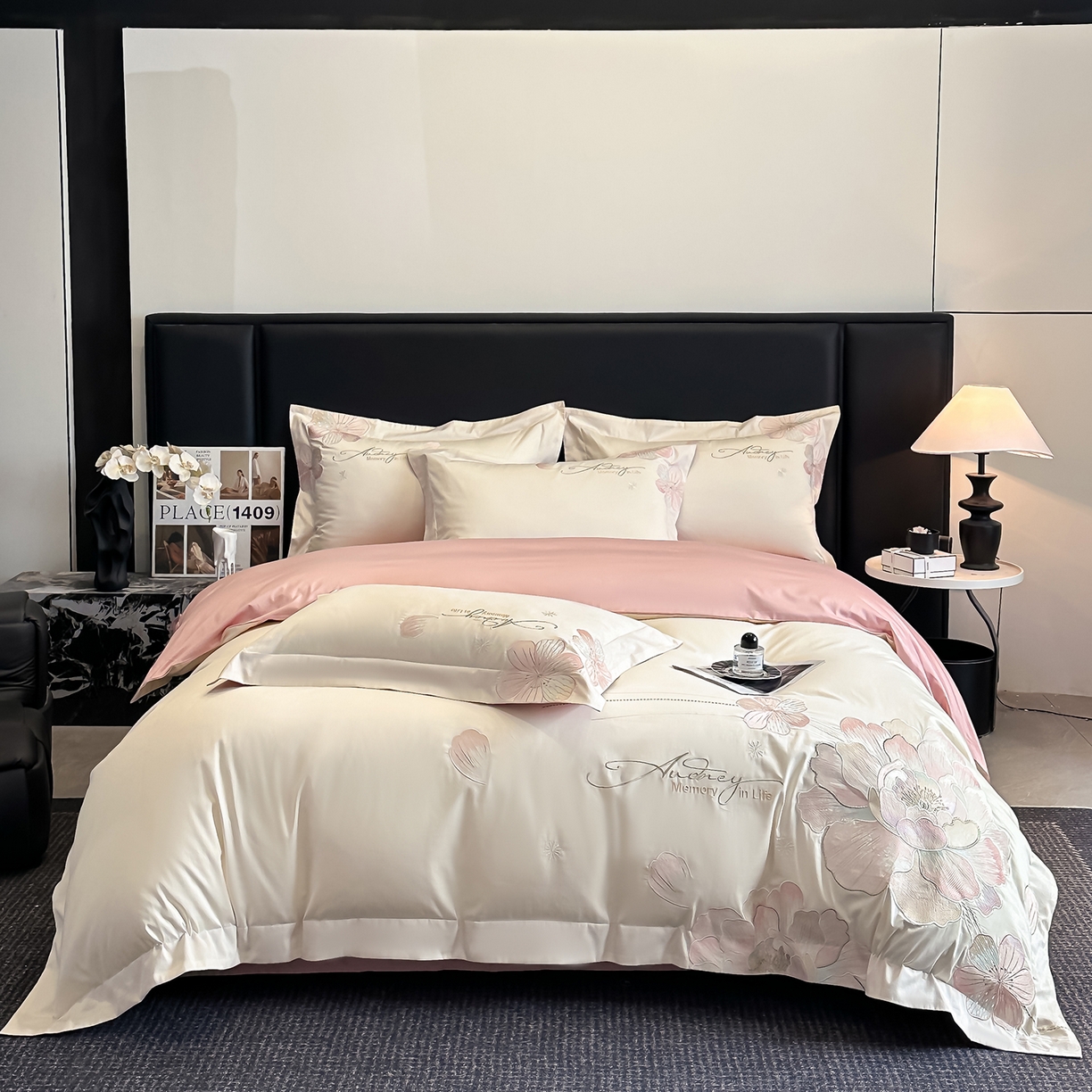 置顶家纺 2025新款花漾亲肤刺绣系列四件套 花漾-奶白+浅豆沙