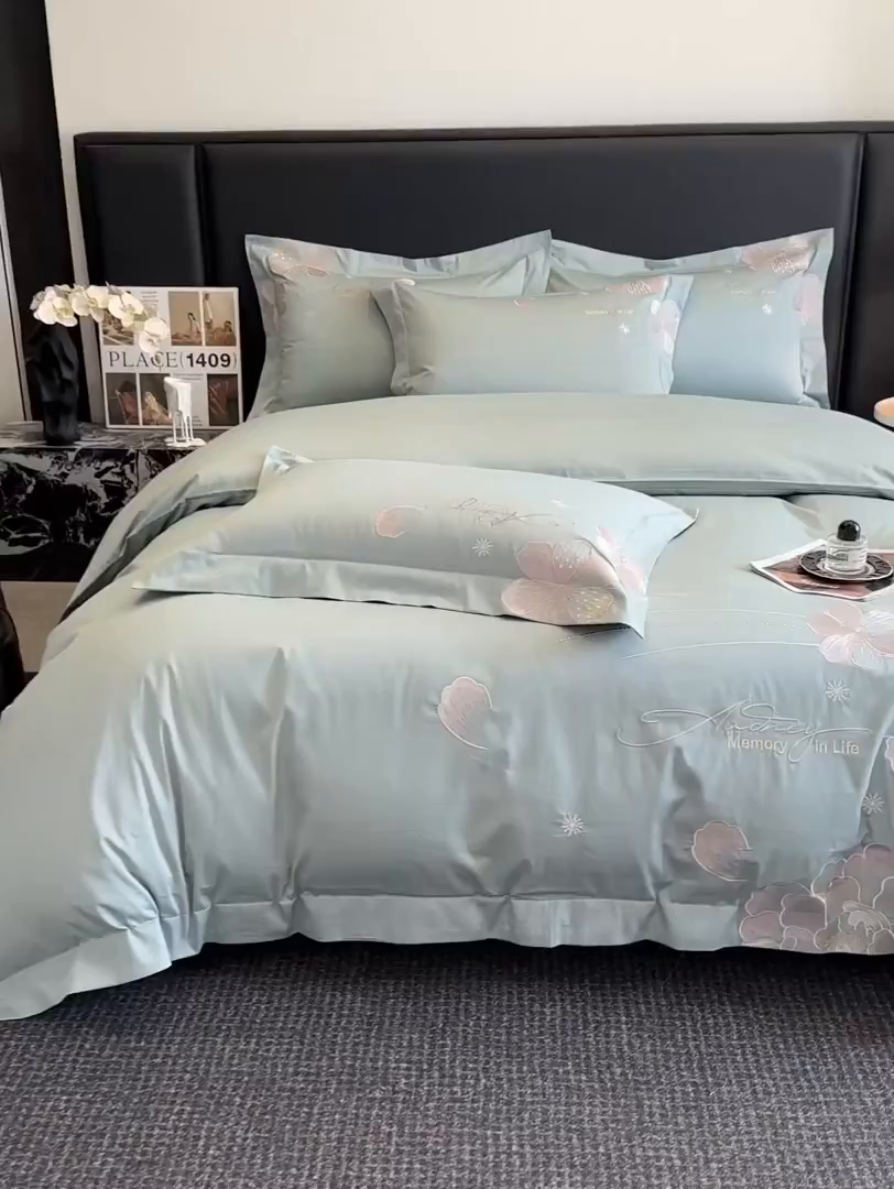 91家纺网 家纺一手货源 找家纺 置顶家纺 2025新款花漾亲肤刺绣系列四件套 花漾-繁星蓝