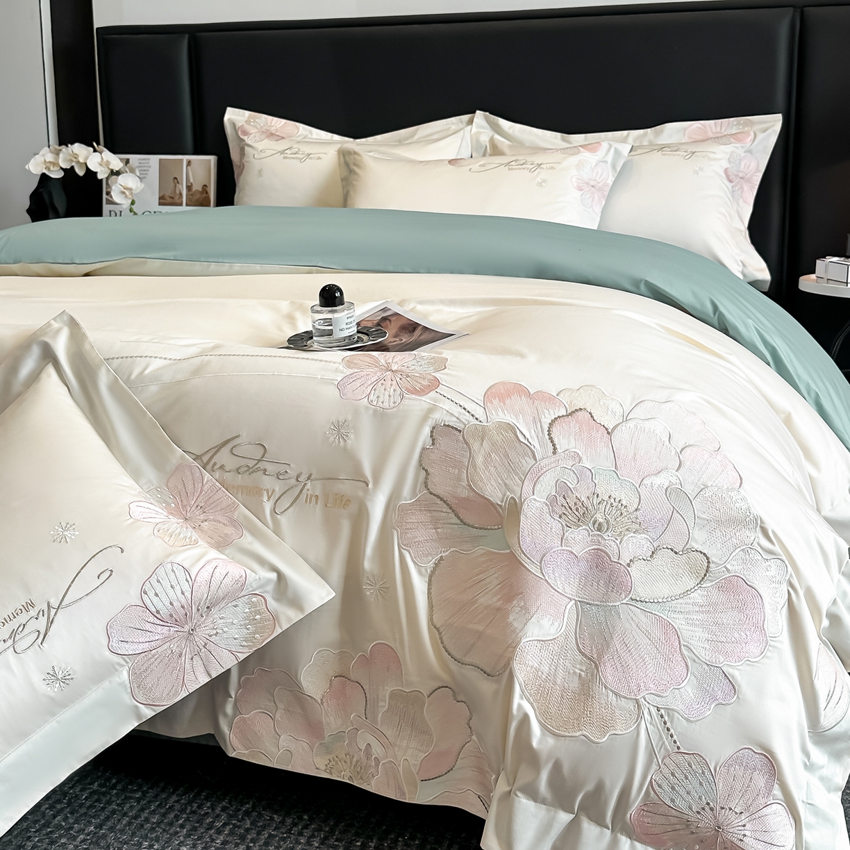 91家纺网 家纺一手货源 找家纺 置顶家纺 2025新款花漾亲肤刺绣系列四件套 花漾-白+繁星蓝