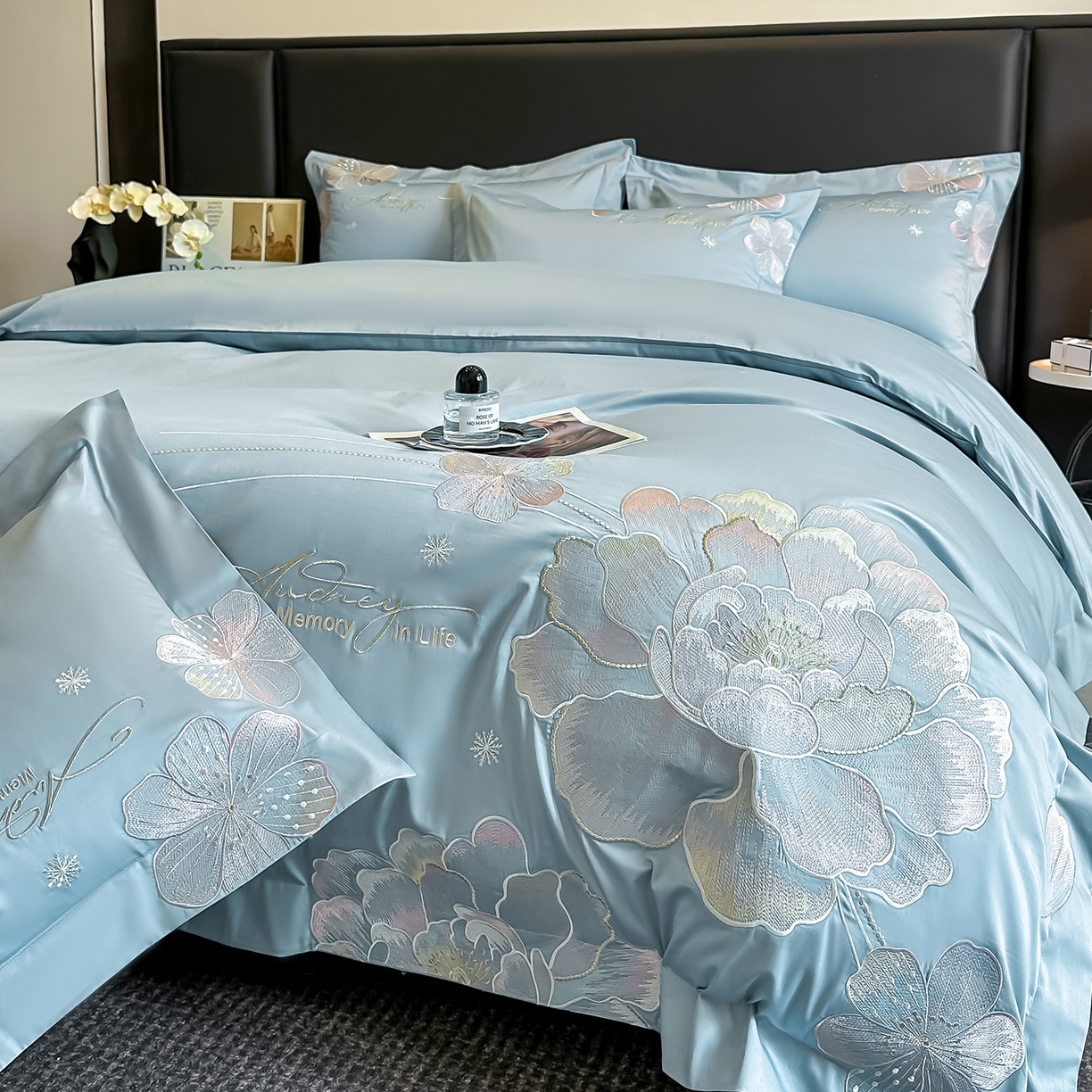 91家纺网 家纺一手货源 找家纺 置顶家纺 2025新款花漾亲肤刺绣系列四件套 花漾-浅蓝