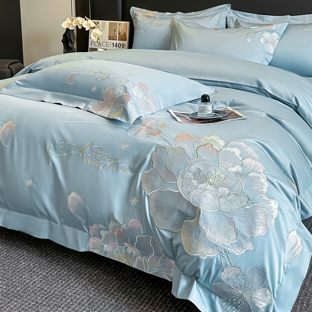 91家纺网 家纺一手货源 找家纺 置顶家纺 2025新款花漾亲肤刺绣系列四件套 花漾-浅蓝