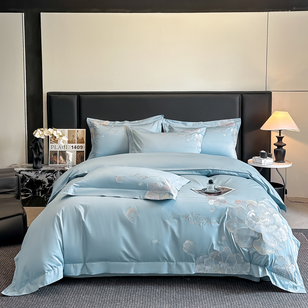 置顶家纺 2025新款花漾亲肤刺绣系列四件套 花漾-浅蓝