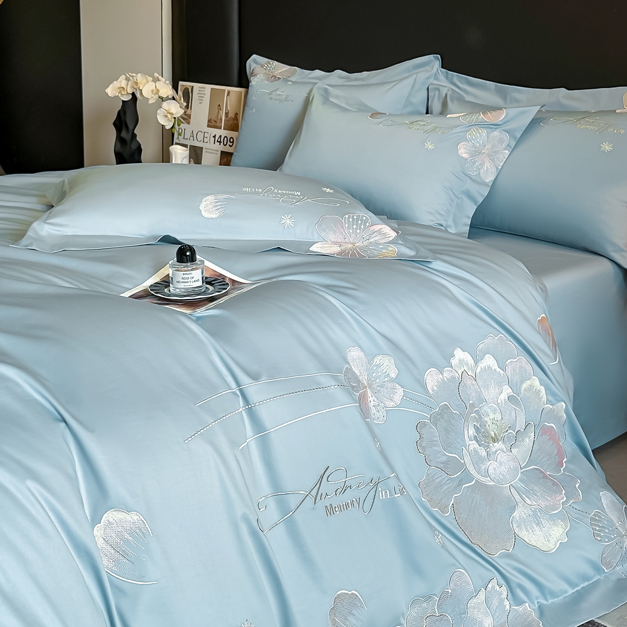 91家纺网 家纺一手货源 找家纺 置顶家纺 2025新款花漾亲肤刺绣系列四件套 花漾-浅蓝