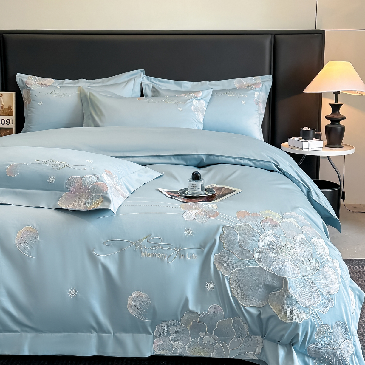 91家纺网 家纺一手货源 找家纺 置顶家纺 2025新款花漾亲肤刺绣系列四件套 花漾-浅蓝