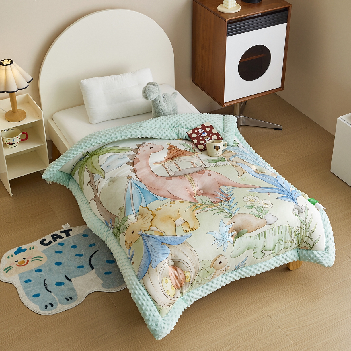 91家纺网 家纺一手货源 找家纺 荷马之梦 2025新款针织棉数码印花大版手绘原创豆豆绒被芯儿童被子春秋被冬被-梦境系列 梦境-侏罗纪日记