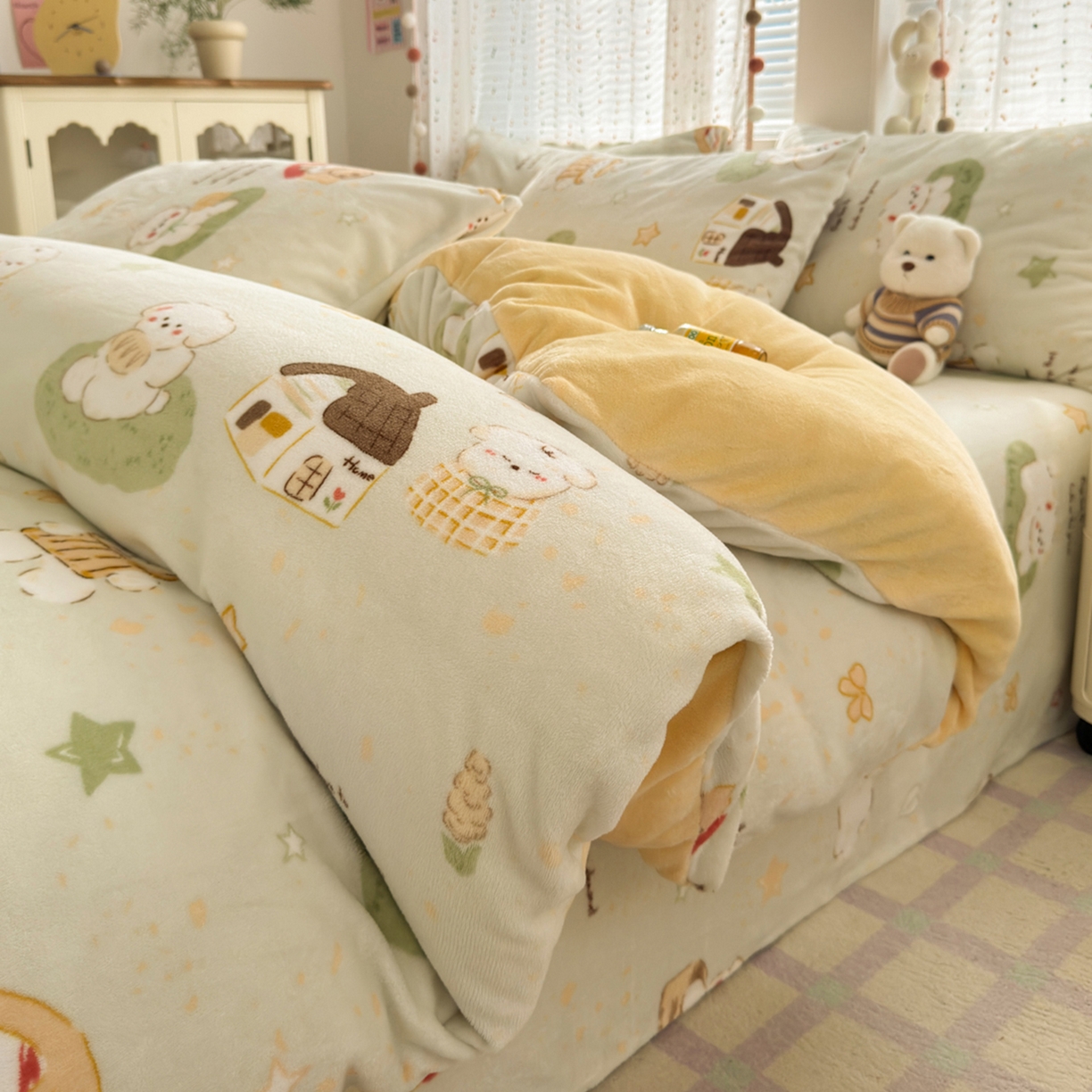 91家纺网 家纺一手货源 找家纺 沐芷 2025加厚A类牛奶绒被套被罩高克重加厚珊瑚绒四件套卡通简约加绒单被套 【绒】奶萌修狗