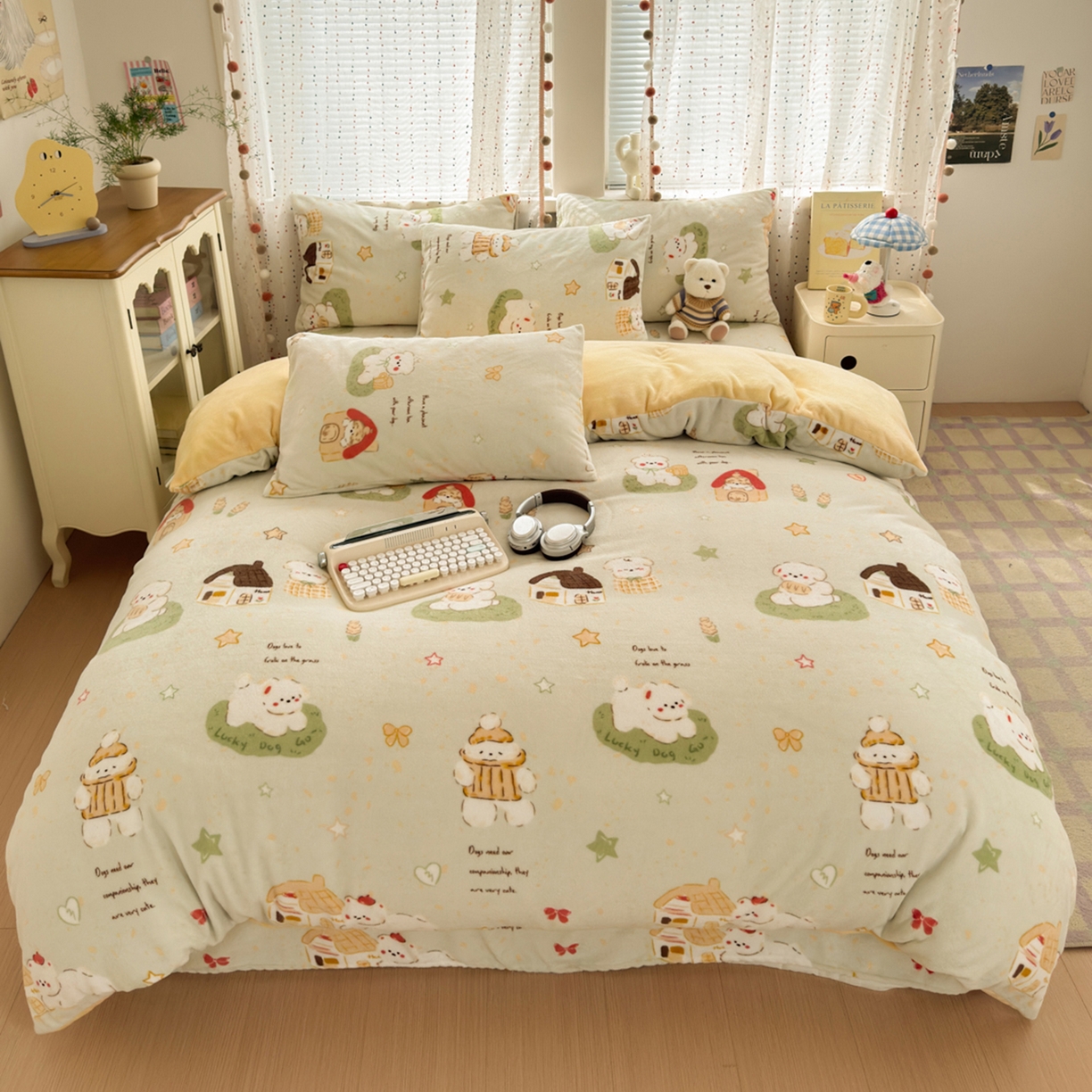 91家纺网 家纺一手货源 找家纺 沐芷 2025加厚A类牛奶绒被套被罩高克重加厚珊瑚绒四件套卡通简约加绒单被套 【绒】奶萌修狗