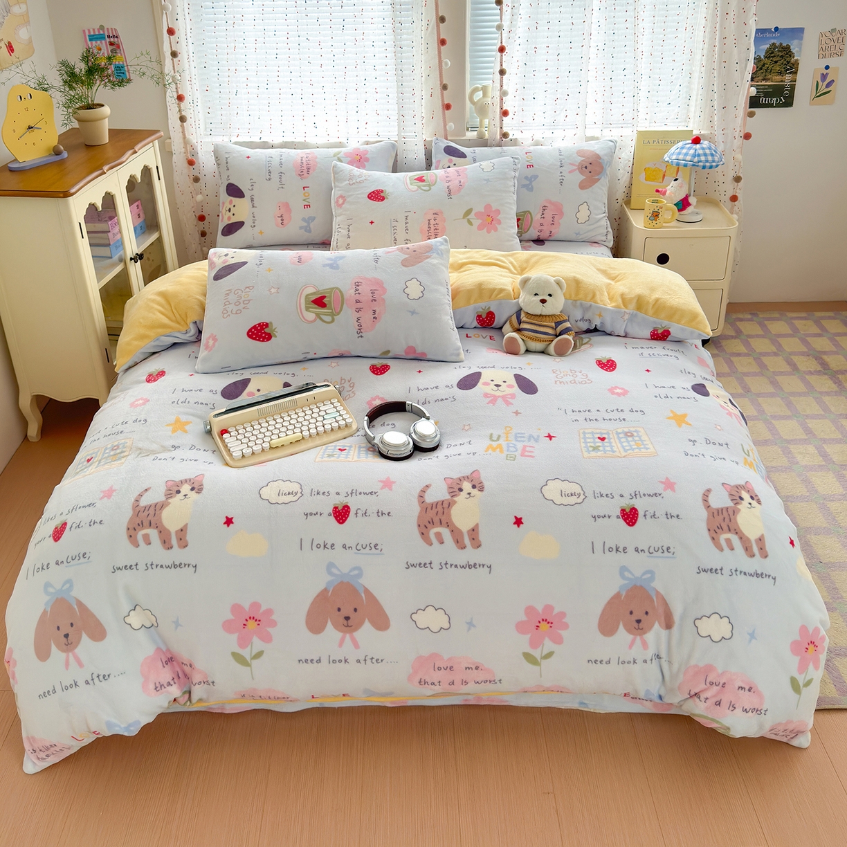 91家纺网 家纺一手货源 找家纺 沐芷 2025加厚A类牛奶绒被套被罩高克重加厚珊瑚绒四件套卡通简约加绒单被套 【绒】趣味课堂