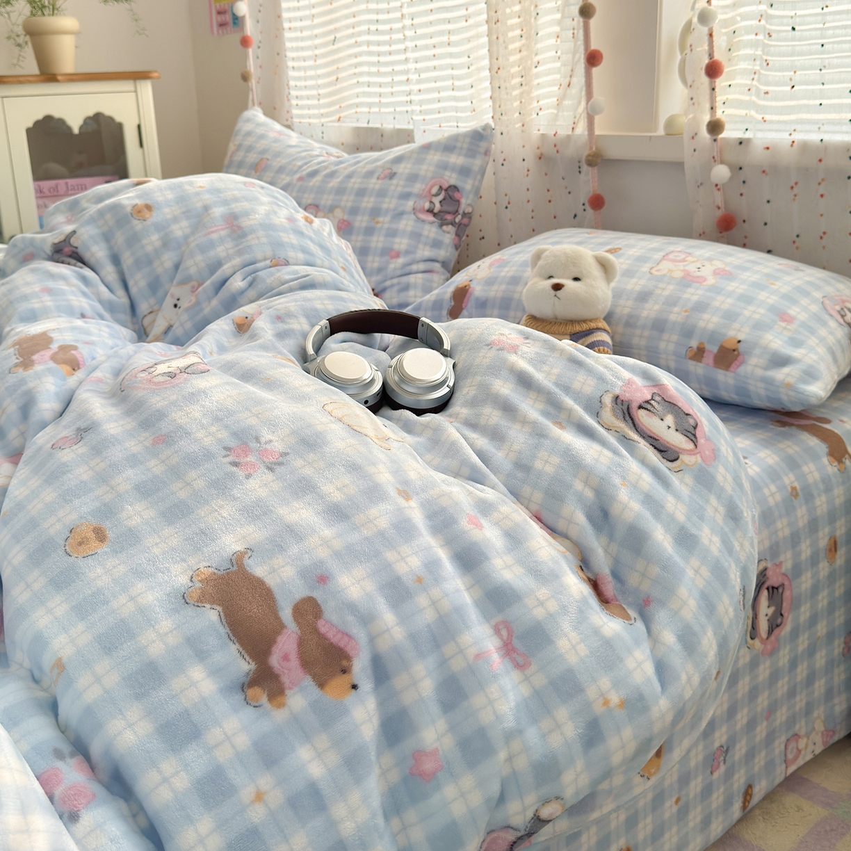 91家纺网 家纺一手货源 找家纺 沐芷 2025加厚A类牛奶绒被套被罩高克重加厚珊瑚绒四件套卡通简约加绒单被套 【绒】蓝色小窝