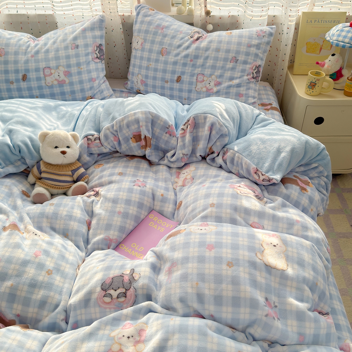 91家纺网 家纺一手货源 找家纺 沐芷 2025加厚A类牛奶绒被套被罩高克重加厚珊瑚绒四件套卡通简约加绒单被套 【绒】蓝色小窝