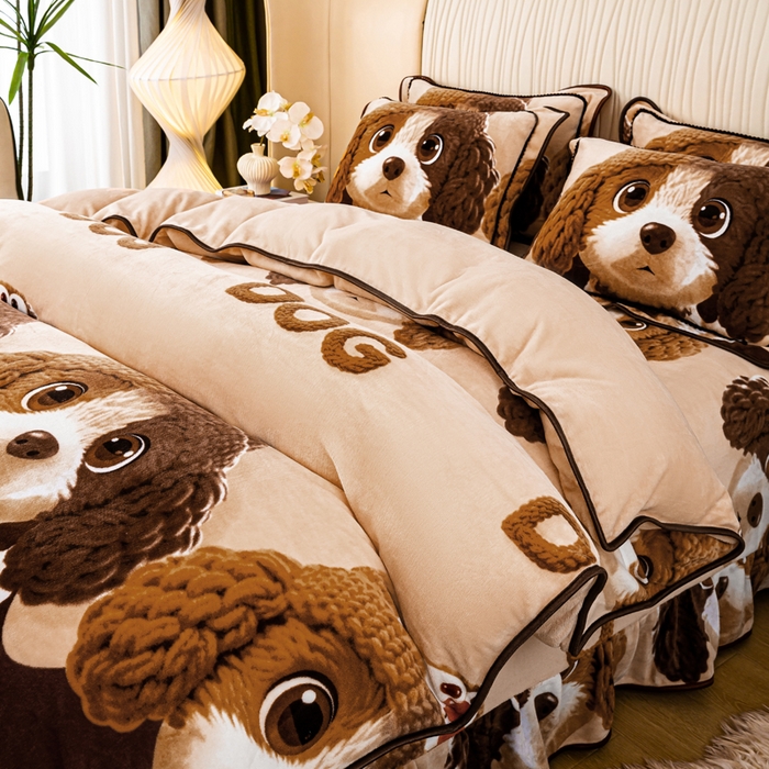 91家纺网 家纺一手货源 找家纺 念家居 2025新款高克重牛奶绒四件套保暖四件套直播爆款电商爆款-开心狗