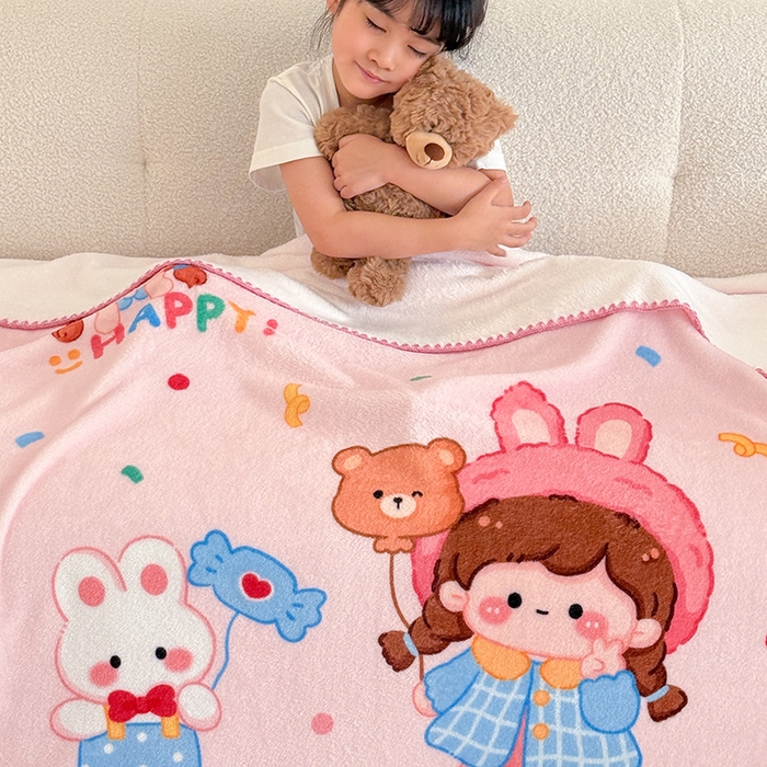 91家纺网 家纺一手货源 找家纺 嗨生活 2025新款牛奶绒毛毯儿童毛毯幼儿园休闲沙发毯床单推车毯毛毯毯子 开心女孩