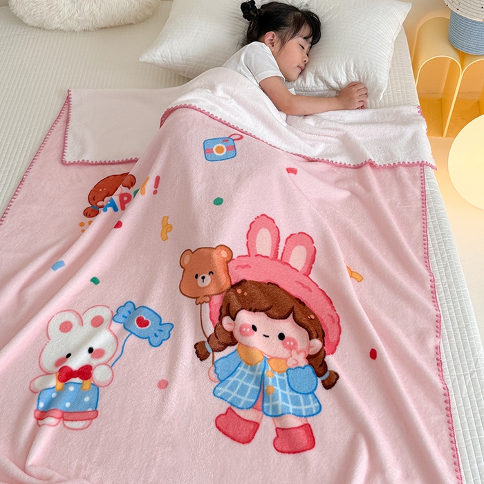 91家纺网 家纺一手货源 找家纺 嗨生活 2025新款牛奶绒毛毯儿童毛毯幼儿园休闲沙发毯床单推车毯毛毯毯子 开心女孩