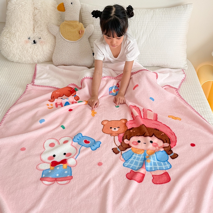 91家纺网 家纺一手货源 找家纺 嗨生活 2025新款牛奶绒毛毯儿童毛毯幼儿园休闲沙发毯床单推车毯毛毯毯子 开心女孩