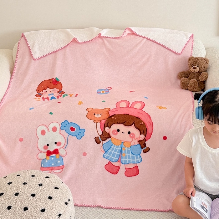 91家纺网 家纺一手货源 找家纺 嗨生活 2025新款牛奶绒毛毯儿童毛毯幼儿园休闲沙发毯床单推车毯毛毯毯子 开心女孩