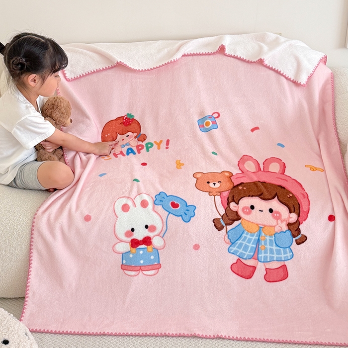 91家纺网 家纺一手货源 找家纺 嗨生活 2025新款牛奶绒毛毯儿童毛毯幼儿园休闲沙发毯床单推车毯毛毯毯子 开心女孩