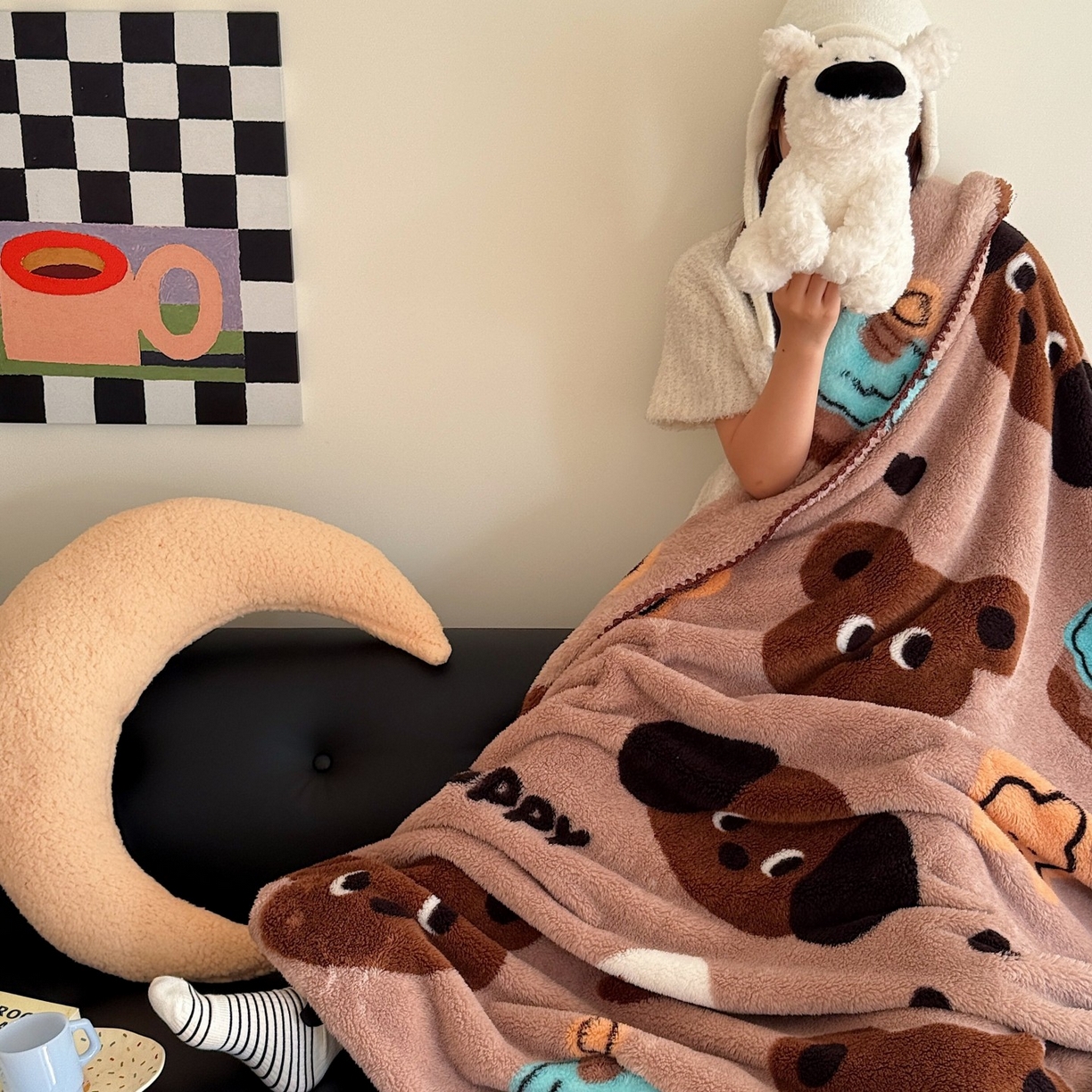 91家纺网 家纺一手货源 找家纺 顾里家纺 2025新款韩系卡通云朵绒盖毯 小熊派对