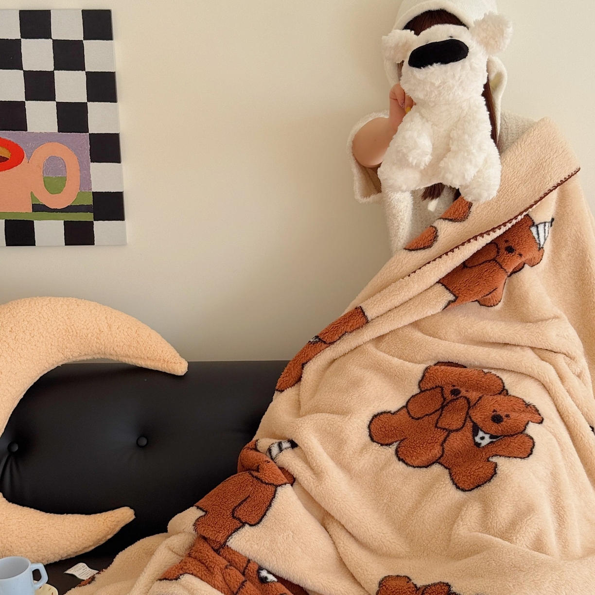 91家纺网 家纺一手货源 找家纺 顾里家纺 2025新款韩系卡通云朵绒盖毯 三只小熊