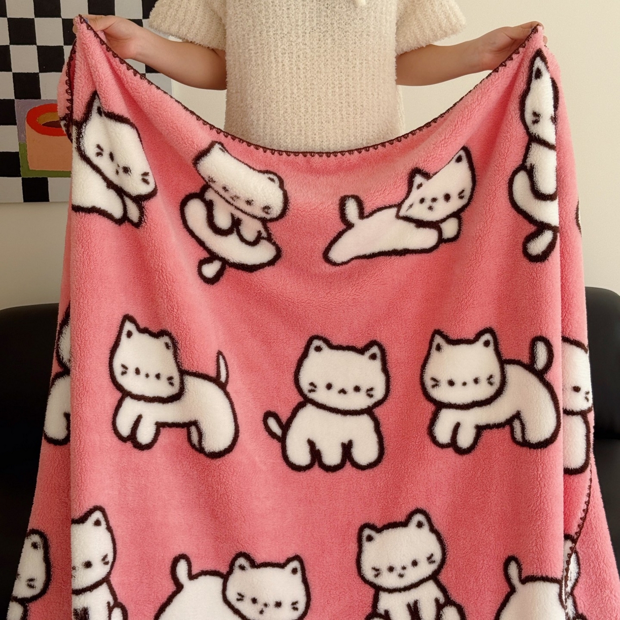 91家纺网 家纺一手货源 找家纺 顾里家纺 2025新款韩系卡通云朵绒盖毯 乖乖猫