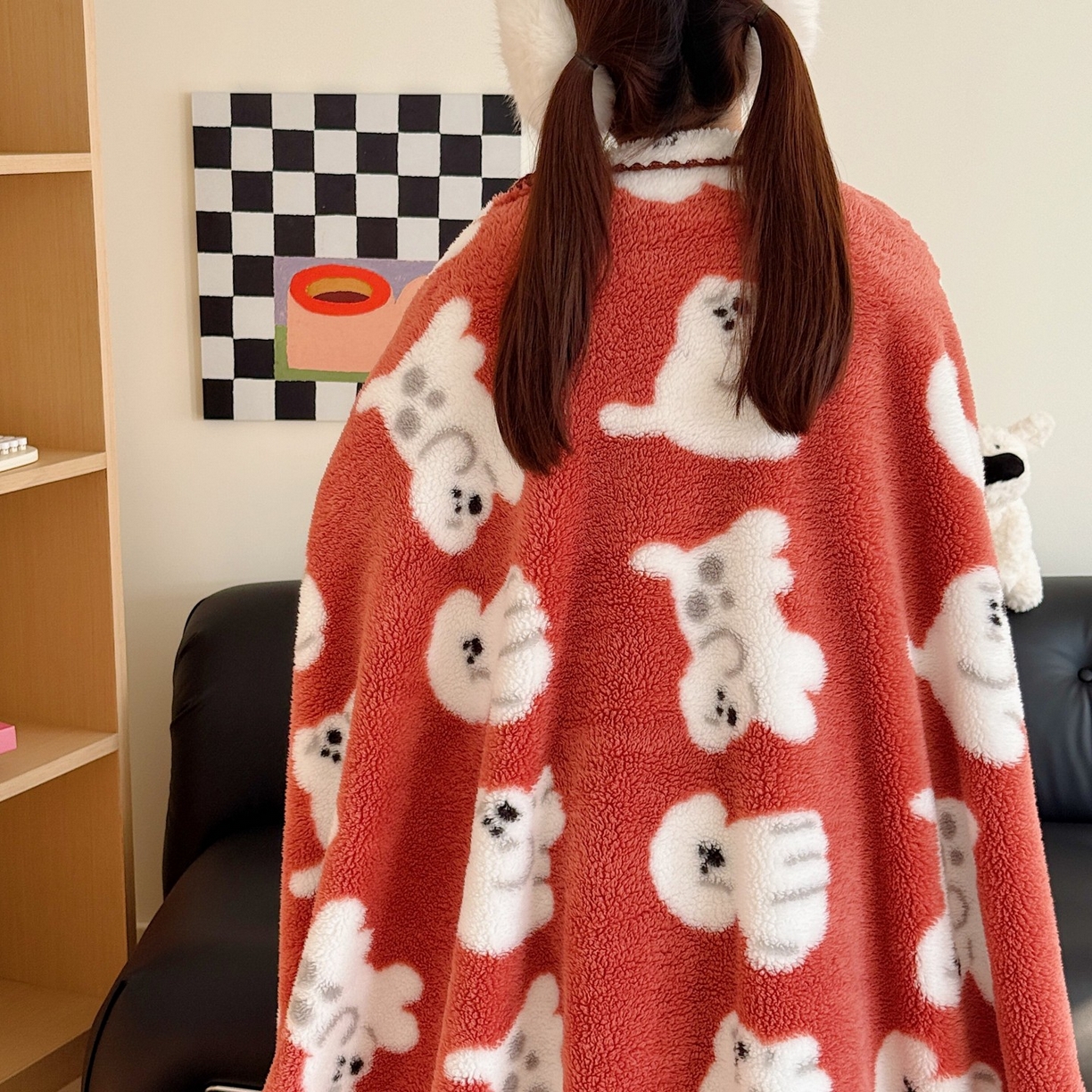 91家纺网 家纺一手货源 找家纺 顾里家纺 2025新款韩系卡通云朵绒盖毯 旺旺狗仔