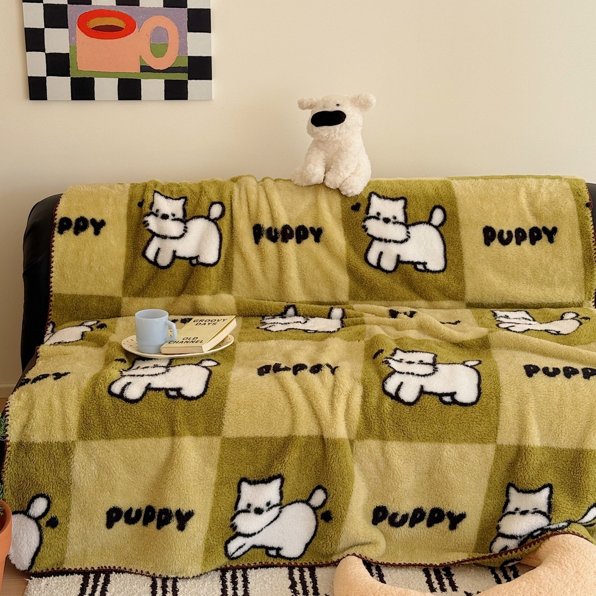 91家纺网 家纺一手货源 找家纺 顾里家纺 2025新款韩系卡通云朵绒盖毯 方块小狗