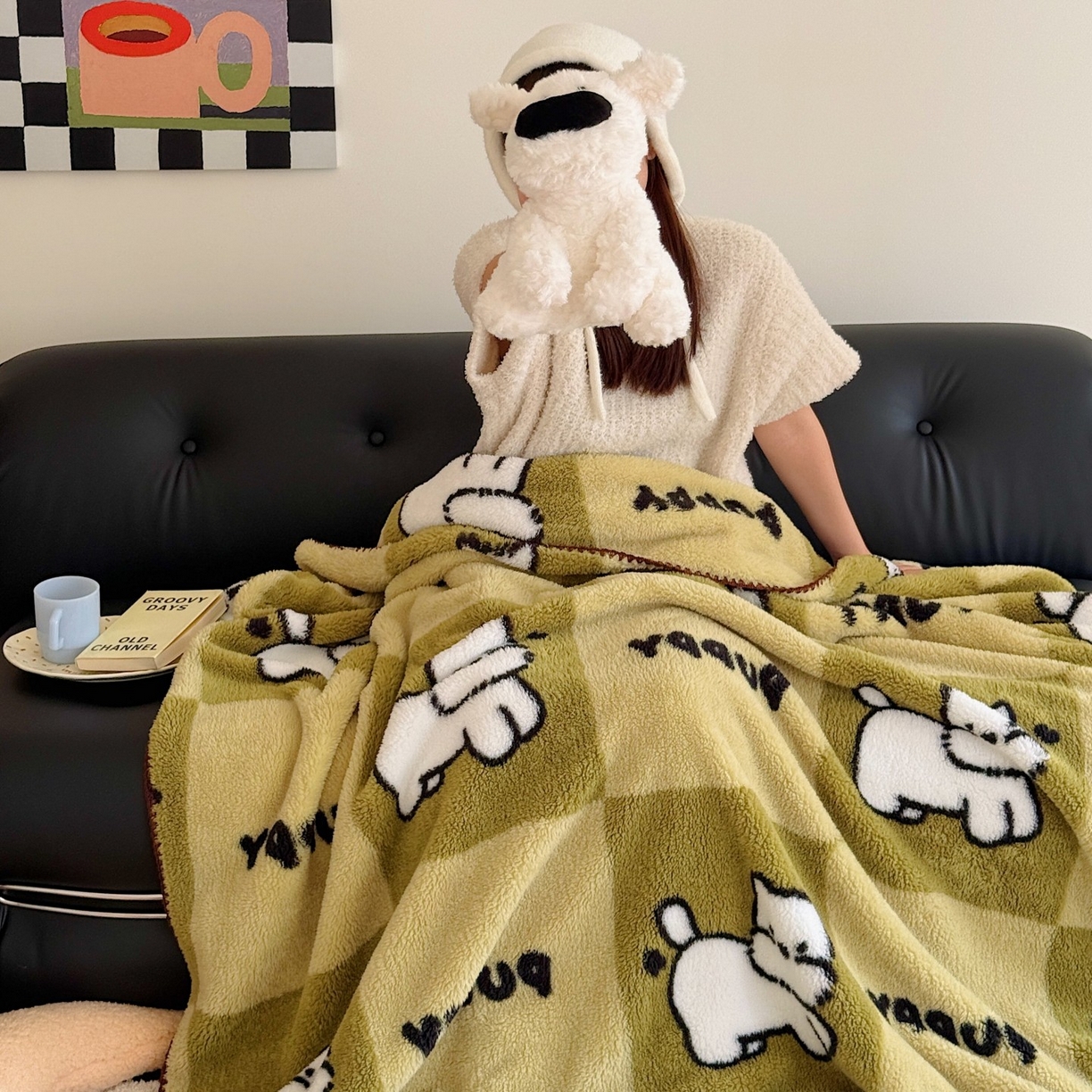 91家纺网 家纺一手货源 找家纺 顾里家纺 2025新款韩系卡通云朵绒盖毯 方块小狗