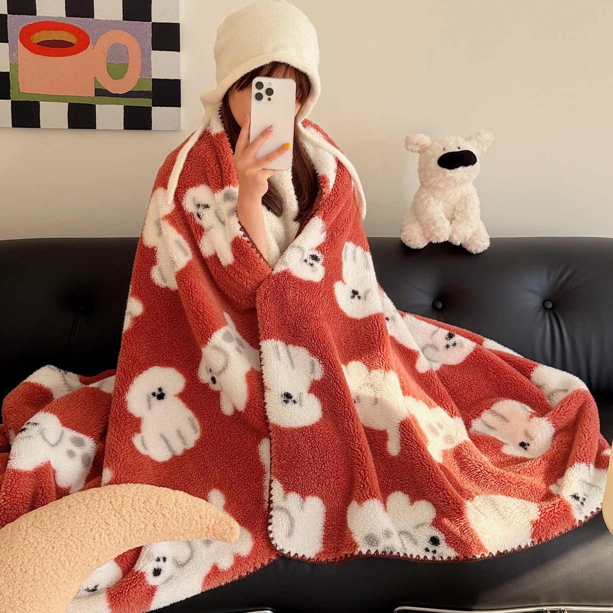 91家纺网 家纺一手货源 找家纺 顾里家纺 2025新款韩系卡通云朵绒盖毯 旺旺狗仔