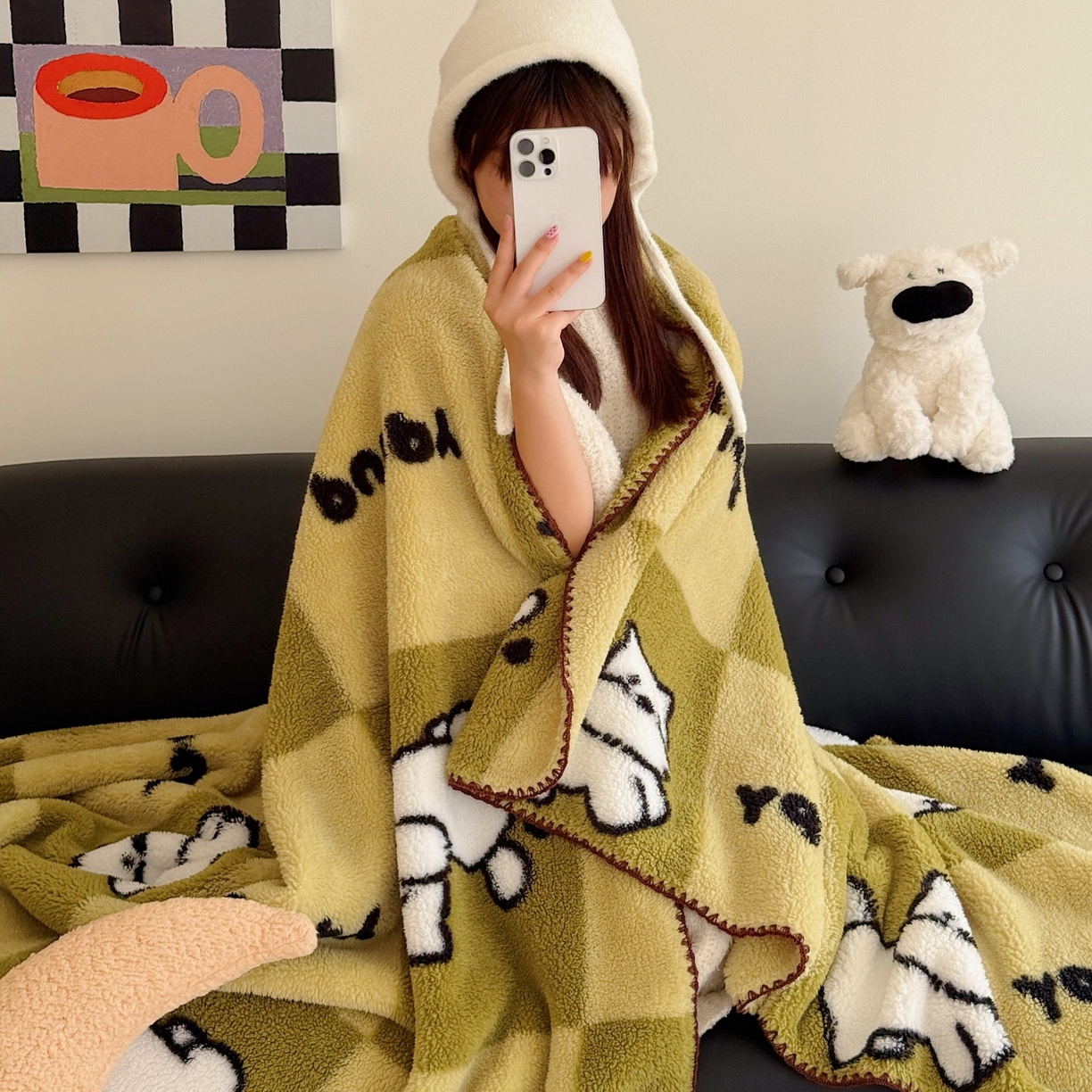 91家纺网 家纺一手货源 找家纺 顾里家纺 2025新款韩系卡通云朵绒盖毯 方块小狗